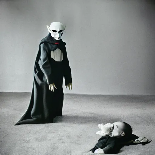 Image similar to portrait of nosferatu playing with his kid, realistic detailed photography, kodak 5 2 1 9 film, 5 0 mm lens