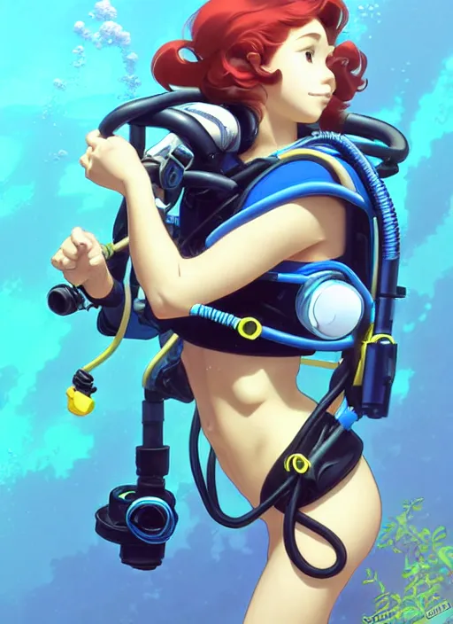 Prompt: cute scuba diver, natural lighting, path traced, highly detailed, high quality, digital painting, by don bluth and ross tran and studio ghibli and alphonse mucha, artgerm