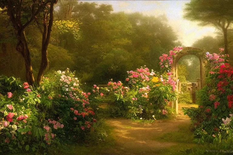 Image similar to secret garden, lush, floral, botanical, romanticism, dreamy, atmospheric, summery, hudson river school