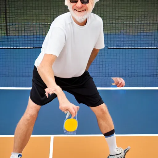 Prompt: a man with white hair and circular glasses and one leg in a cast playing pickleball, 4 k photograph