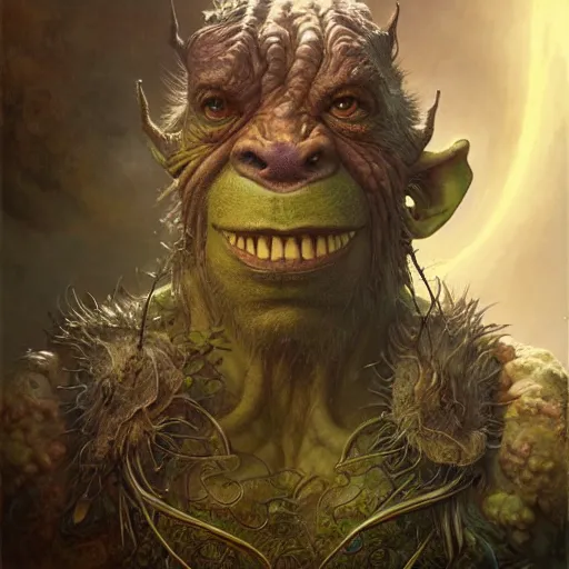 Image similar to a hyperrealistic illustration of a mix of an oger and giant and goblin, 8 k ultra realistic creature, detailed intricate, with fractal sunlight, award - winning, masterpiece, in the style of tom bagshaw, cedric peyravernay, peter mohrbacher