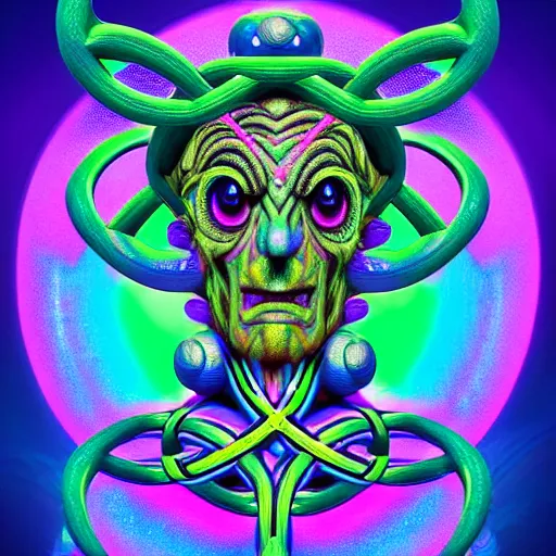 Image similar to a detailed digital art of a celtic knot oni abe vigoda extraterrestrial wearing a raver outfit by lisa frank and cicely mary barker, taiyo matsumoto, myst, beeple, cgsociety, crisp, low angle shot