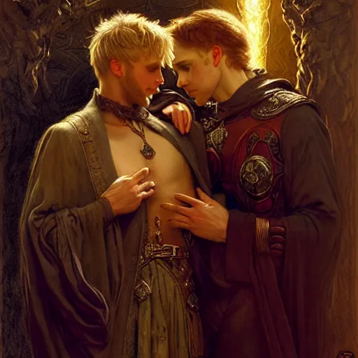 Image similar to stunning arthur pendragon in love with stunning male merlin the mage. they are close to each other. highly detailed painting by gaston bussiere, craig mullins, j. c. leyendecker