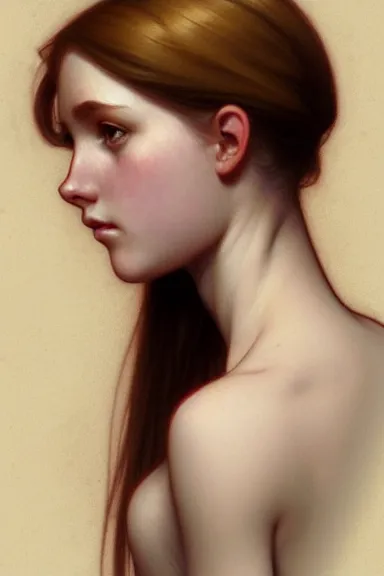 Image similar to portrait of a scottish teenage girl with dirty blonde hair, glowing skin, intelligent face, school uniform, intricate, elegant, dress shirt, highly detailed, digital painting, artstation, concept art, smooth, sharp focus, illustration, art by Krenz Cushart and Artem Demura and alphonse mucha