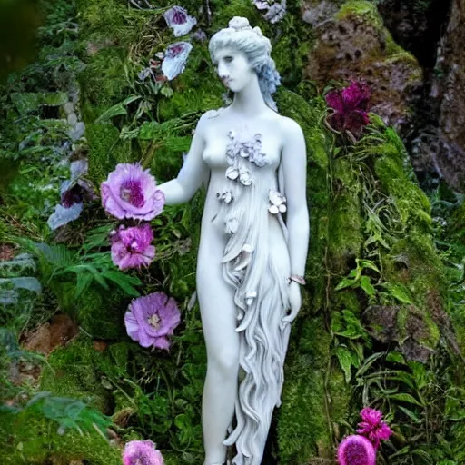 Prompt: a fully dressed idealistic marble statue with beautiful porcelain face with fractal flowery hair in a fractal garden, glowing delicate flower and mushrooms that grow in a dark fatansy forest on the planet pandora,, symmetrical,