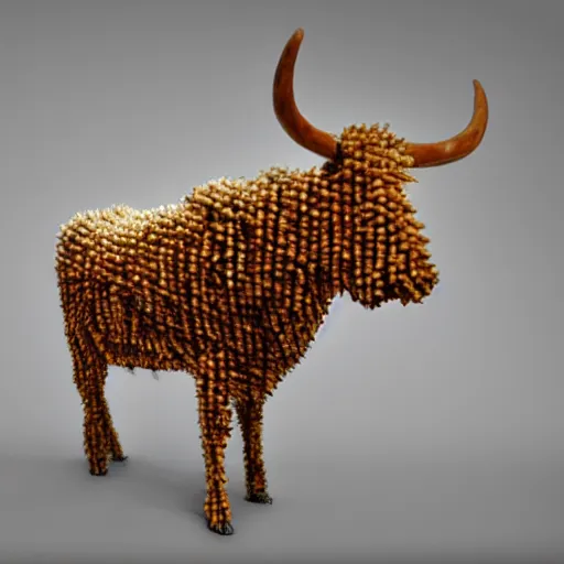 Prompt: A photorealistic sculpture of a cow made from matches