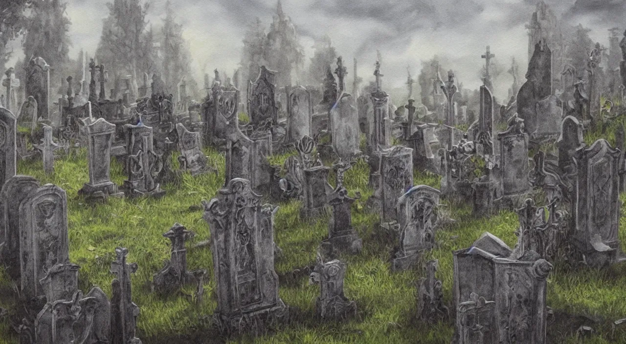 Prompt: fantasy painting haunted graveyard