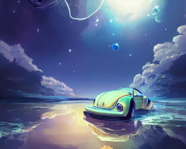 Image similar to a Volkswagen Beetle floating in space, cosmic skies. By Makoto Shinkai, Stanley Artgerm Lau, WLOP, Rossdraws, James Jean, Andrei Riabovitchev, Marc Simonetti, krenz cushart, Sakimichan, trending on ArtStation, digital art.