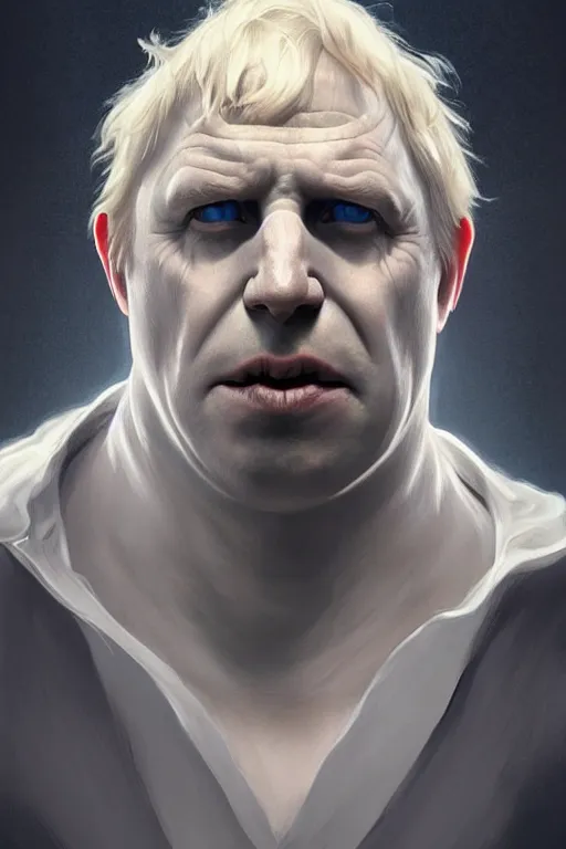 Image similar to Boris Johnson as Lord Voldemort without nose, Boris Johnson hairstyle, masculine figure, highly detailed, digital painting, artstation, concept art, smooth, sharp focus, illustration, cinematic lighting, art by artgerm and greg rutkowski and alphonse mucha