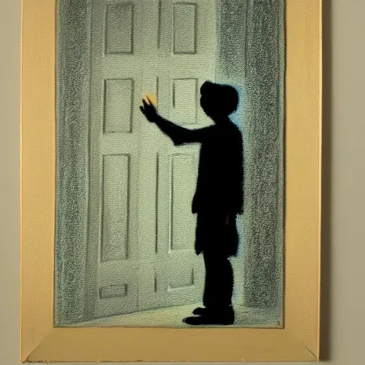 Prompt: a pastel painting of a silhouette person standing at the door of a dark room