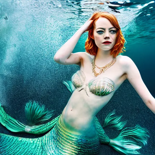 Image similar to Emma Stone as a mermaid, vogue, perfect face, intricate, Sony a7R IV, symmetric balance, polarizing filter, Photolab, Lightroom, 4K, Dolby Vision, Photography Award