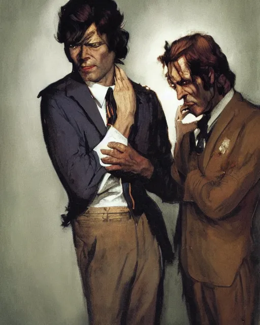 Image similar to two handsome but sinister men wearing oxford shirts in layers of fear, with haunted eyes, 1 9 7 0 s, seventies, wallpaper, a little blood, morning light showing injuries, delicate embellishments, painterly, offset printing technique, by brom, robert henri, walter popp