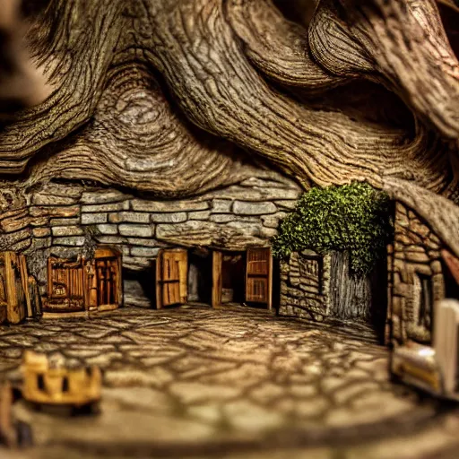 Prompt: miniature Renaissance village inside of a carved out giant oak tree, ultrarealistic, cinematic, highly detailed, dramatic lighting, award winning photography, 8k