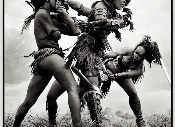 Prompt: movie, ancient Battlefield, two beautiful aztec warrior females fight, epic ,old photo, vintage, black and white, Boris vallejo, sepia, apocalypto