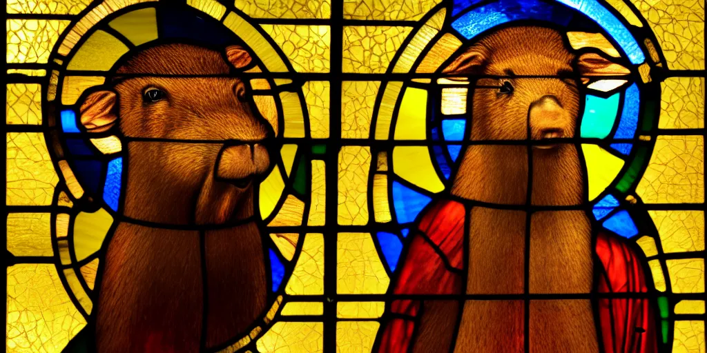 Prompt: a beautiful stained glass church window of a capybara god, 4 k, trending on artstation