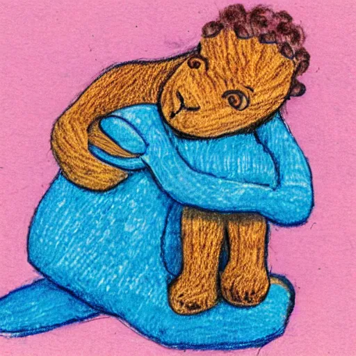 Image similar to a lamb with a blue knitted sweater hugging his mom, children's book drawing