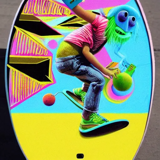 Prompt: lofi vaporwave portrait tennis ball monster skateboarding on a skateboard, chalk, pixar style, tristan eaton, stanley artgerm, tom bagshaw, basil gogos