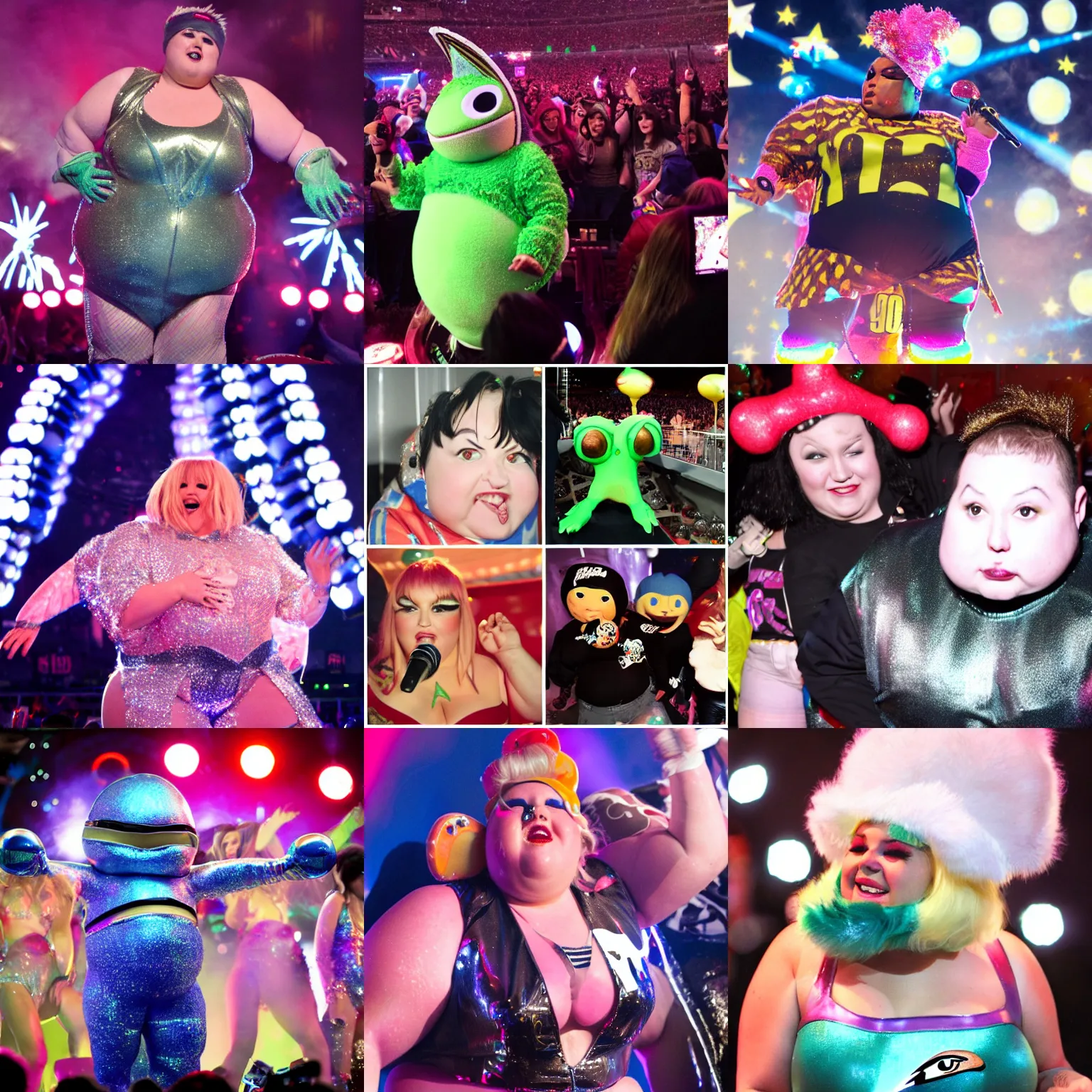 Prompt: chubby alien popstar, superbowl, new years eve