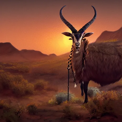 Prompt: ram stuck to a bush by it's horns, caught with its horn in a bush. Desert mountain background. Sunrise. digital painting, concept art, highly detailed, promotional art, HD, digital painting, trending on ArtStation, golden ratio, rule of thirds