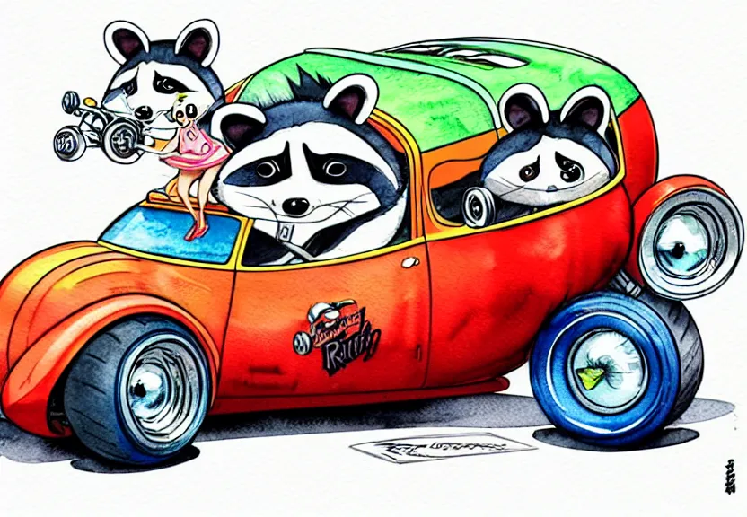 Image similar to cute and funny, racoon riding in a tiny hot rod coupe with oversized engine, ratfink style by ed roth, centered award winning watercolor pen illustration, isometric illustration by chihiro iwasaki, edited by range murata