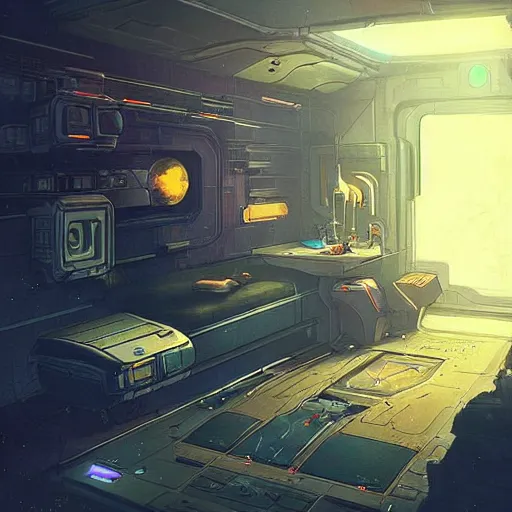 Image similar to “A cyberpunk bunk within a spaceship, D&D sci-fi, artstation, concept art, highly detailed illustration.”