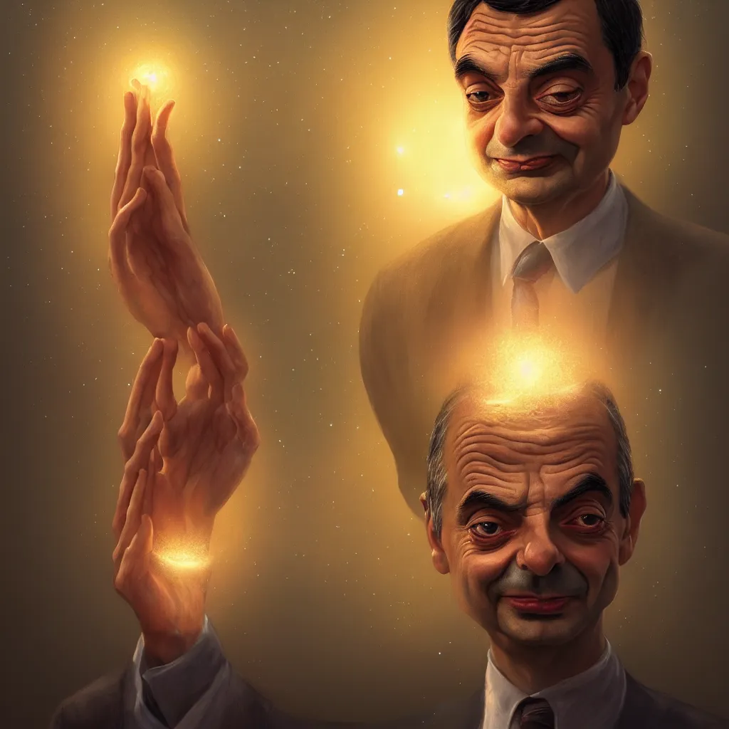 Image similar to Portrait of Mr Bean reaching enlightenment and becoming one with the universe, highly detailed, concept art, illustration, cinematic, artstation, digital painting, mystical, zen