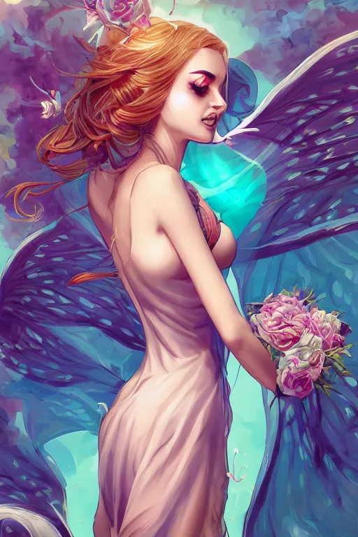 Image similar to Succubus in sundress portrait, by artgerm, WLOP and Ross Tran, blossoming geometric explosion from below