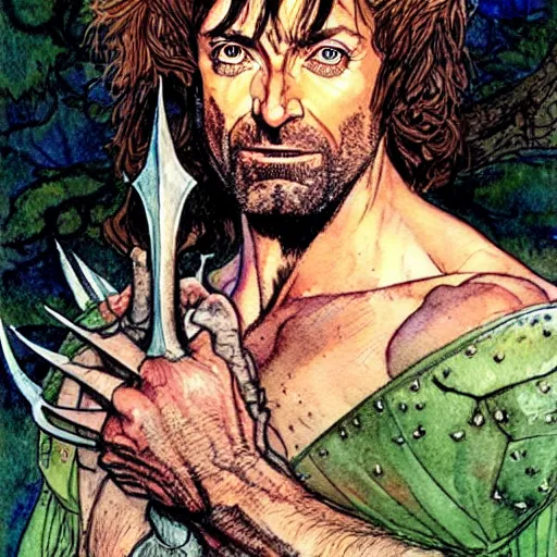 Prompt: a realistic and atmospheric watercolour fantasy character concept art portrait of hugh jackman as a druidic warrior wizard looking at the camera with an intelligent gaze by rebecca guay, michael kaluta, charles vess and jean moebius giraud