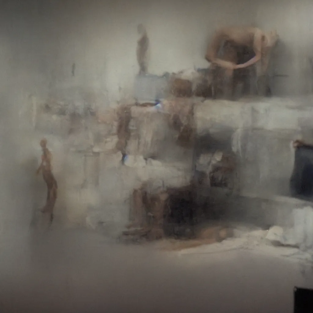 Prompt: dirty water flowing from the dirty air - conditioning machine in the bedroom of a young teenager, blurred, faded, depth of field, ultra realistic, very detailed, by gerhard richter, neo rauch and nadav kander, 8 k hyper realistic detailed cinematic still