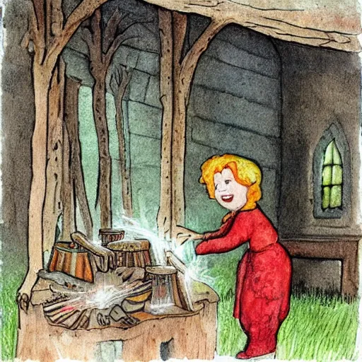 Prompt: the blacksmits’ daughter, working in the forge, a smile at her face, fantasy art in the style of Elsa Beskow,