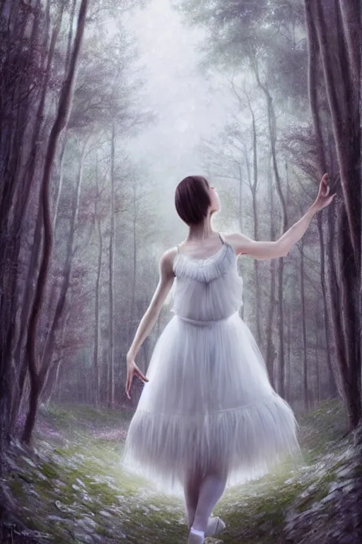 Image similar to a beautiful prima ballerina in white dress in a forest, inspired by thomas eakes & greg rutkowski & xiang duan, perfect symmetry, magic realism, post - processing, extremely hyper - detailed, intricate, soft - lighting, lifelike attributes, masterpiece, pastel'