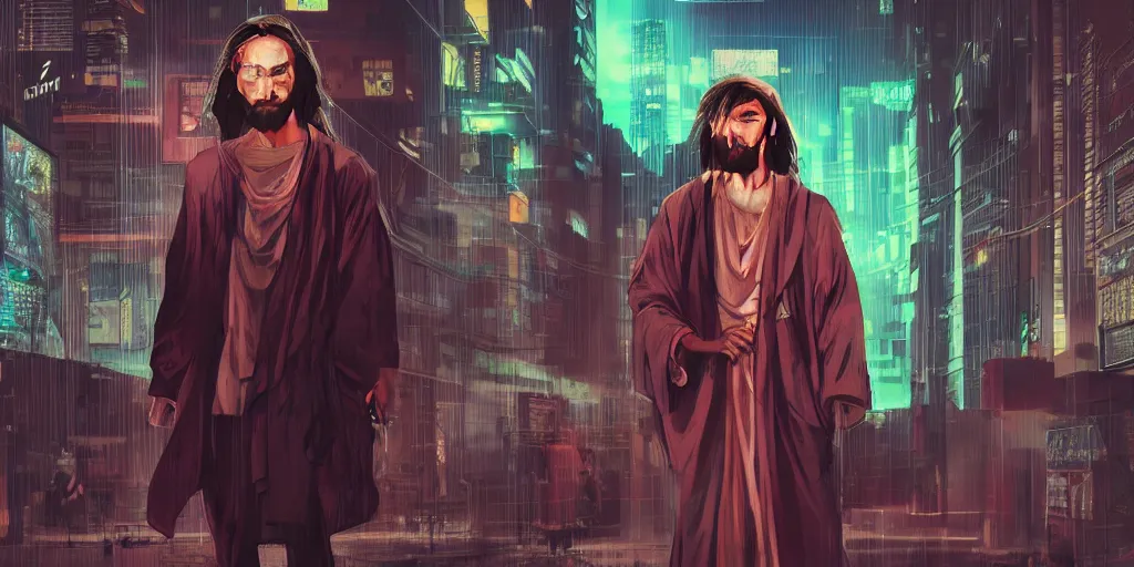 Prompt: Ukiyo-style cyberpunk Jesus