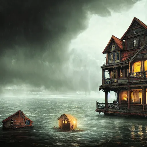 Image similar to haunted house floating in water, storm approaching, stylized, artgerm, artstation, hd, cgsociety, cgi, realistic, dramatic, cinematic, artistic, trending, detailed