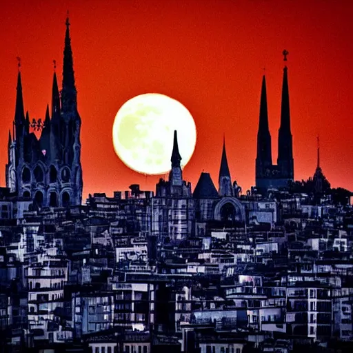 Prompt: full moon engulfed by tentacles over a gothic cityscape.