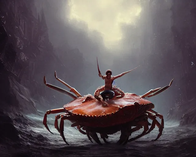 Prompt: 5 5 mm photo of jovanotti riding a giant crab, magical atmosphere. art by greg rutkowski. highly detailed 8 k. intricate. lifelike. soft light. nikon d 8 5 0.