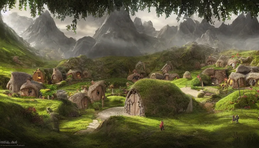 Image similar to matte painting of a beautiful hobbit village, digital art, trending on artstation