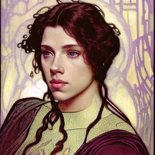 Prompt: head and shoulders portrait of a female knight, jedi, young scarlett johansson, star wars, by alphonse mucha, face detail, art nouveau painting