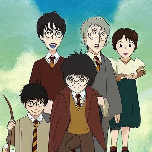 Image similar to harry potter in the style of studio ghibli