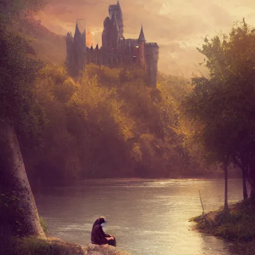 Prompt: jesus sitting by the river fishing, exudes terror, castle, mysterious breath, spitfire, photography, hyperrealistic, by greg rutkowski, smooth, illustration, elegant, artstation, digital painting.