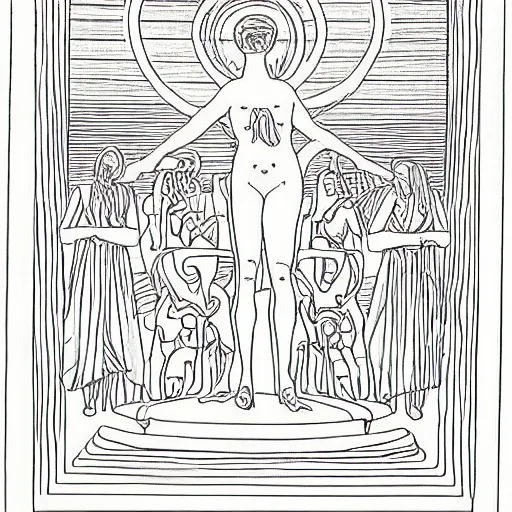 Image similar to digital art, coloring - in sheet by josef albers harrowing. the sculpture shows venus seated on a crescent moon. she is surrounded by the goddesses ceres & bacchus, who are both holding cornucopias.