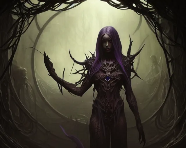 Image similar to a 4 k cinematic screenshot still portrait of a dark elf in a dark liminal space room surrounded by spider webs, deep focus, d & d, fantasy, intricate, elegant, highly detailed, digital painting, art station, concept art, matte, sharp focus, illustration, dark fantasy style art, hearthstone, art by artgerm and greg rutkowski and alphonse mucha