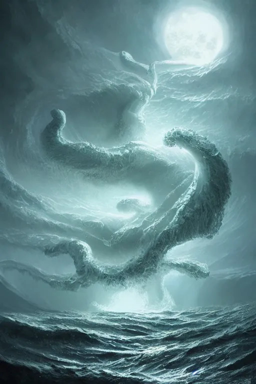 Image similar to A stunning detailed Shoggoth by Tomasz strzalkowski, stormy ocean, beautiful lighting, full moon, detailed swirling water tornado, artstation