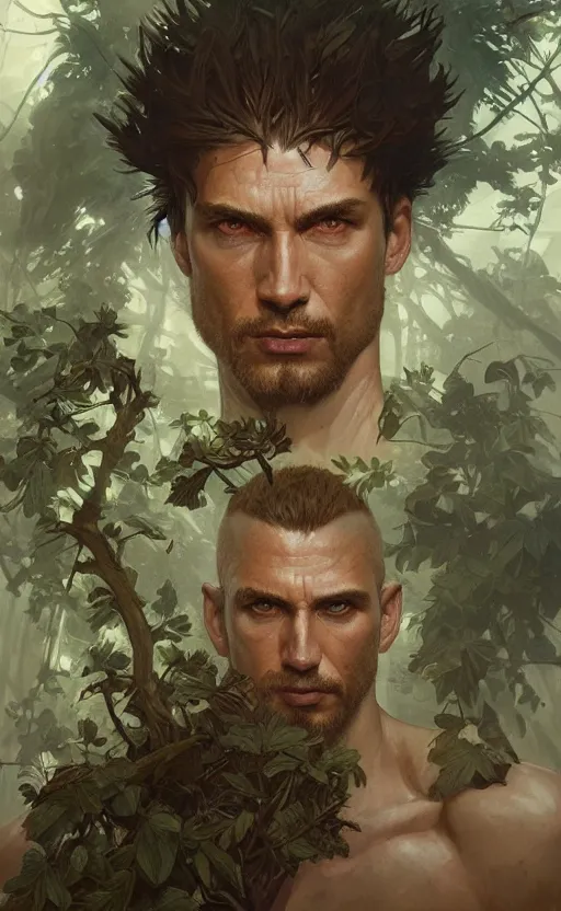 Image similar to Furious god of the forest, male, gorgeous, detailed face, clear face, amazing, muscular, intricate, highly detailed, digital painting, artstation, concept art, sharp focus, illustration, art by greg rutkowski and alphonse mucha