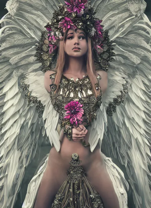 Prompt: full body environmental portrait photo of a female model as angel, ornate headpiece made from flowers, ornaments, glamour shot by gemmy woud - binnendijk, chris knight, photorealistic, canon r 3, fashion photography, ornate, symmetrical features, octane render, unreal engine, solid dark background, clamp shell lighting, rim lighting