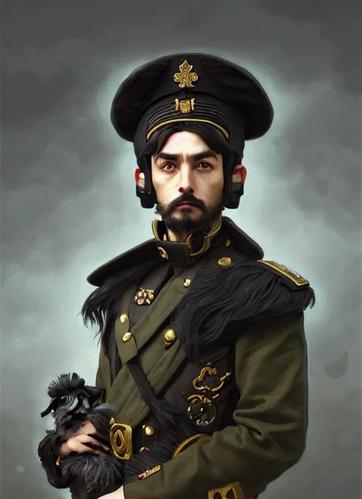 Image similar to portrait of stoic looking miniature schnauzer, military uniform, black fir, white eyebrows, fantasy, intricate, elegant, highly detailed, centered, dark, smokey, digital painting, artstation, concept art, smooth, sharp focus, illustration, art by artgerm and greg rutkowski and alphonse mucha