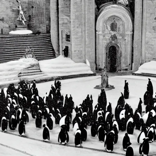 Prompt: penguins capturing Pope John Paul the second from Peter's square