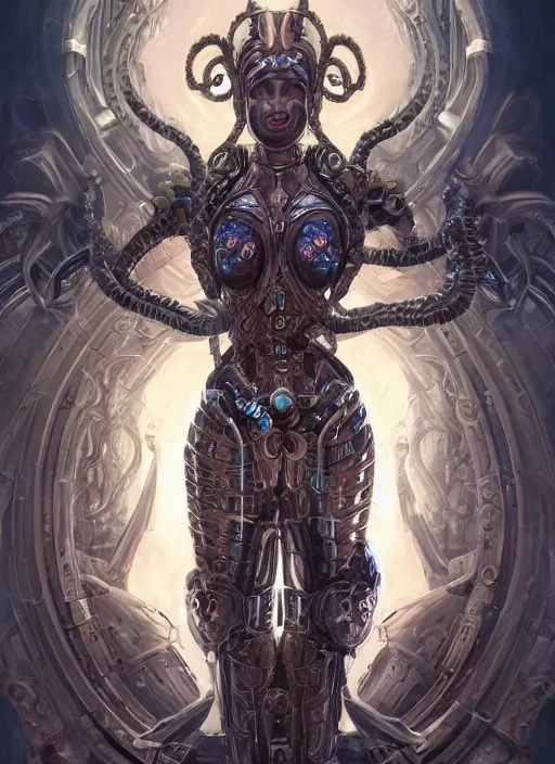 Prompt: ultradetailed ornate sci-fi RPG character illustration of a beautiful symmetric Medusa radiating a majestic glowing aura wearing a cyberpunk armor with decorum while fighting eldritch horrors, smooth digital airbrush painting, 3d rim light, hyperrealistic, masterpiece, artstation, cgsociety, concept art, kodakchrome