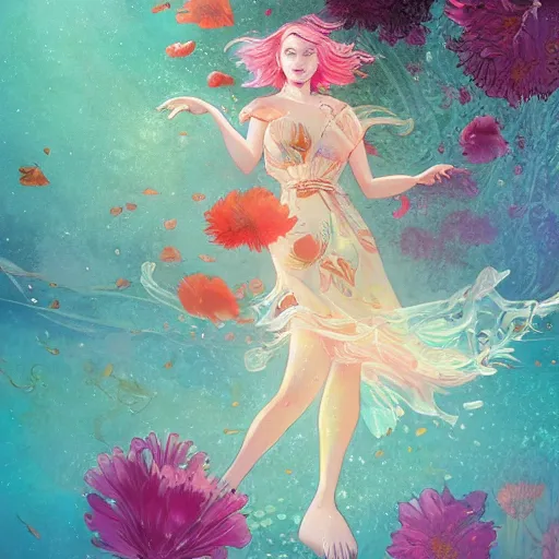 Image similar to Triss Merigold in a swirling sundress of flowers, underwater, floral explosion, radiant light, vortex of plum petals, by WLOP, Victo Ngai and artgerm, artstation, deviantart