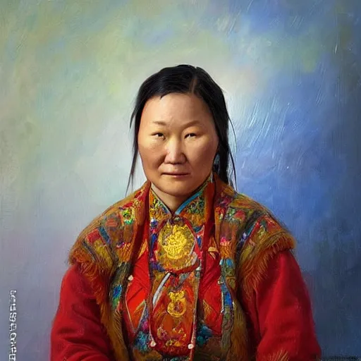Image similar to portrait of an yakut woman ( 3 5 ) from yakutia, russia in 2 0 2 1, an oil painting by ross tran and thomas kincade