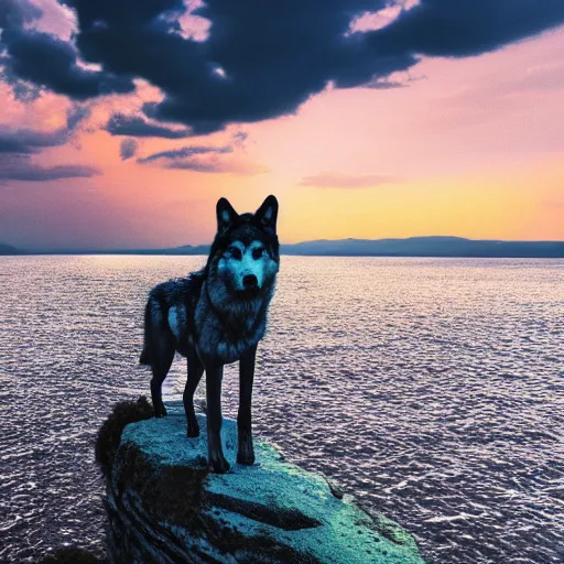 Image similar to professional photograph of a wolf standing on an island, blue clouds, highly detailed, high quality, HD, 8K